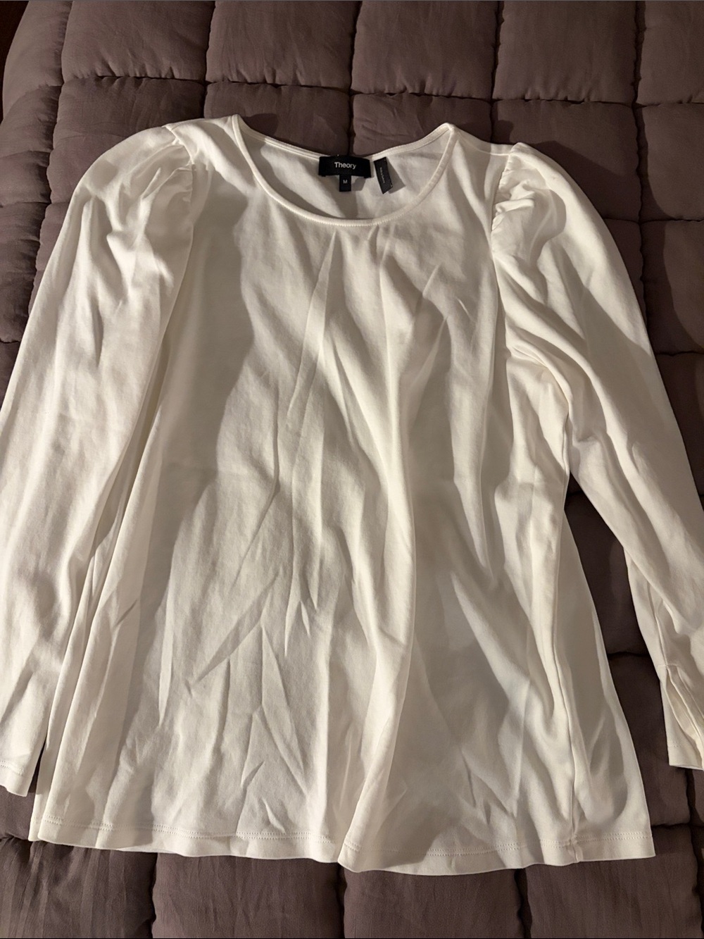 Theory Women's Cream Long Sleeve Top with Subtle Puff Shoulders